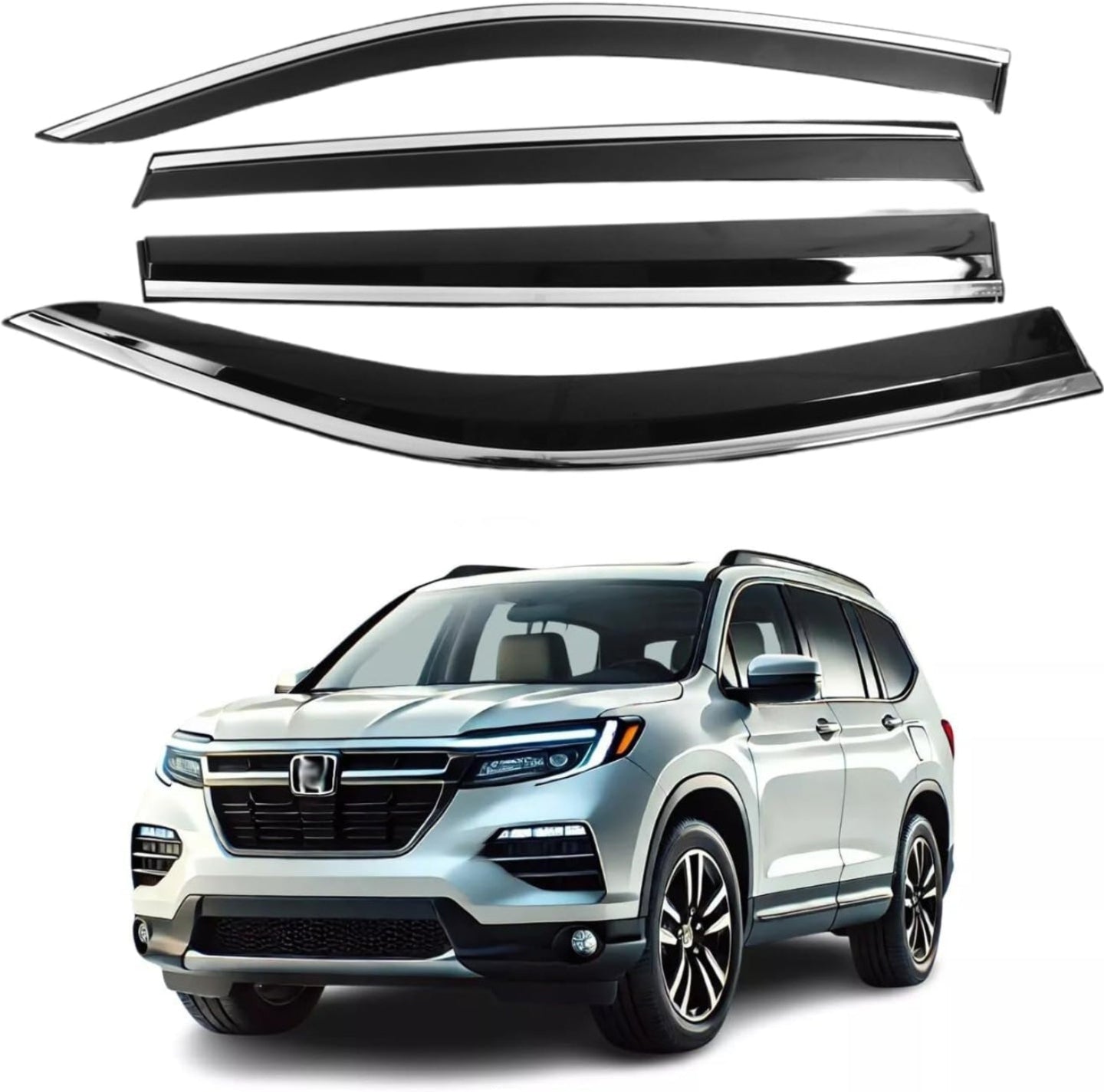Set of car window deflectors with a white SUV in the background